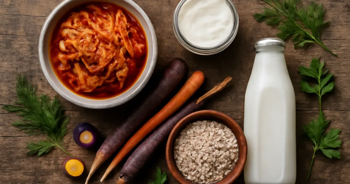 Diverse gut-health foods including fermented vegetables and fibre-rich whole foods supporting microbiome diversity