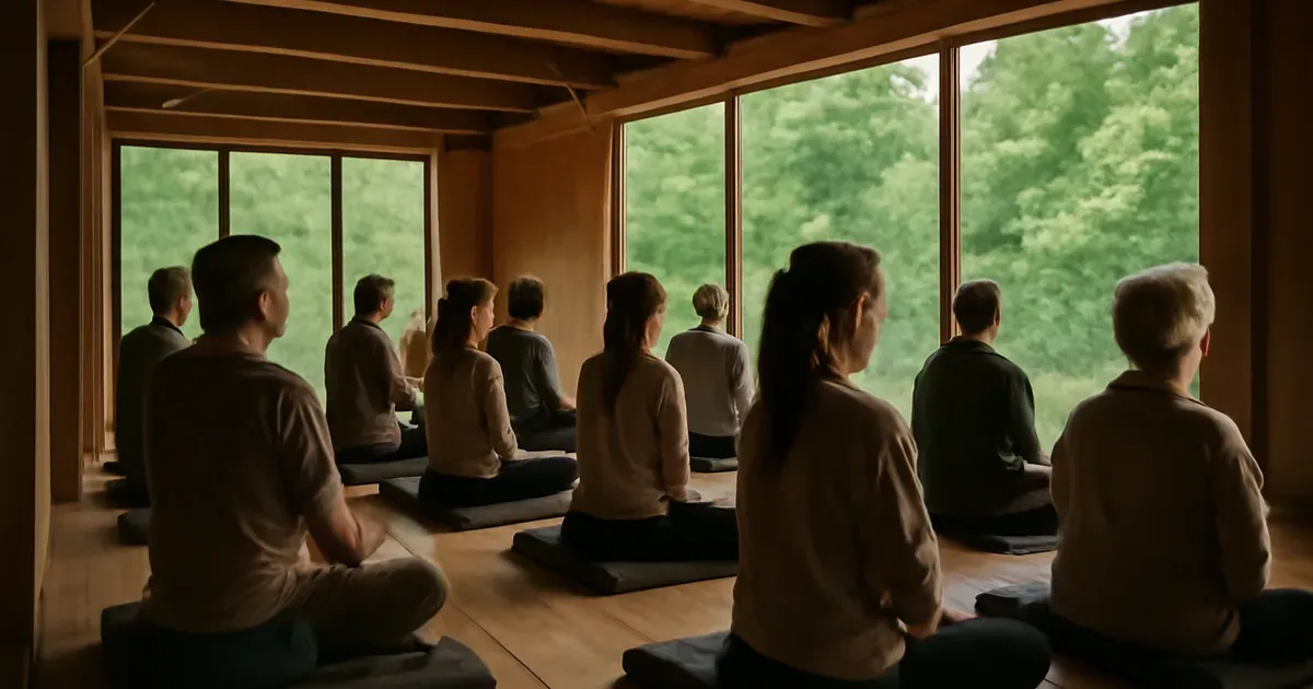 Group meditation retreat session in a wooden hall surrounded by trees, supporting gut health through intensive practice