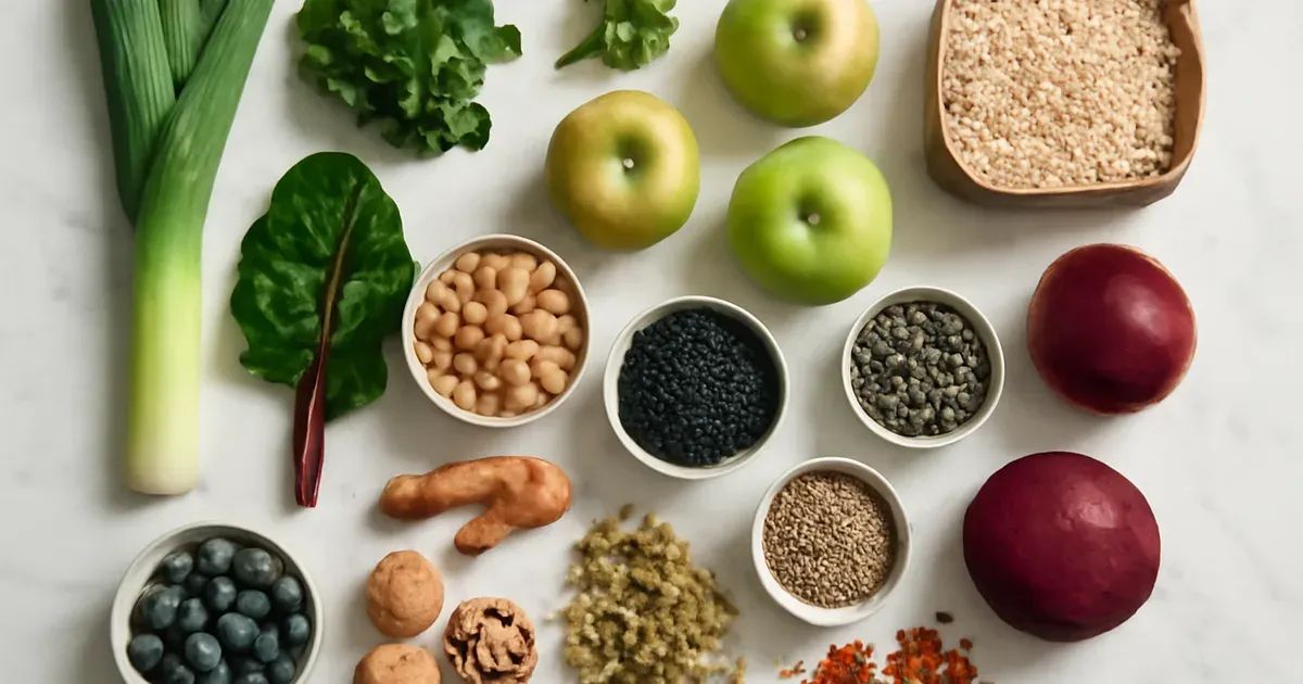 Thirty diverse plant foods arranged as a flat lay, representing the British Gut Project recommendation for gut microbiome diversity