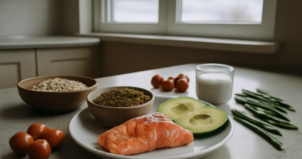Balanced meal with salmon, lentils, avocado and yogurt laid out to increase GLP-1 naturally through diet