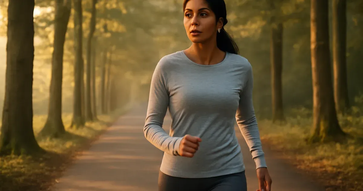 Woman walking outdoors to increase GLP-1 naturally through aerobic exercise and movement