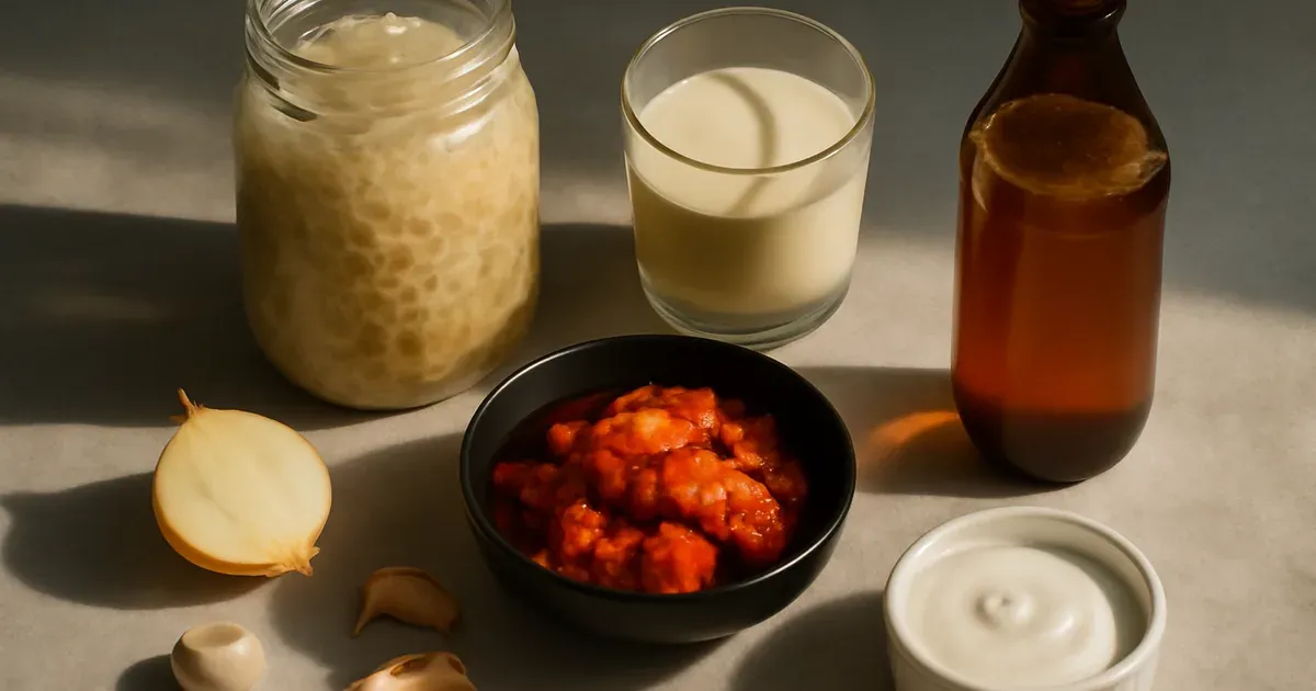 Fermented foods including kefir, kimchi, sauerkraut and yogurt arranged to support gut microbiome and GLP-1 naturally