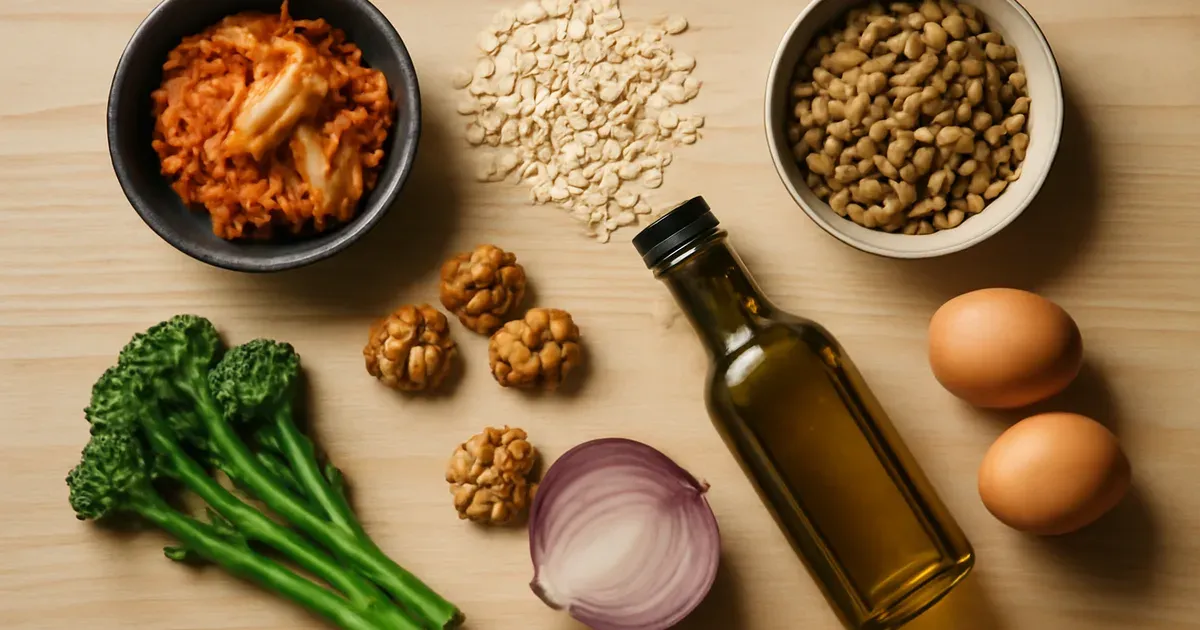 Assortment of gut-healthy foods including fermented foods and fibre to increase GLP-1 naturally