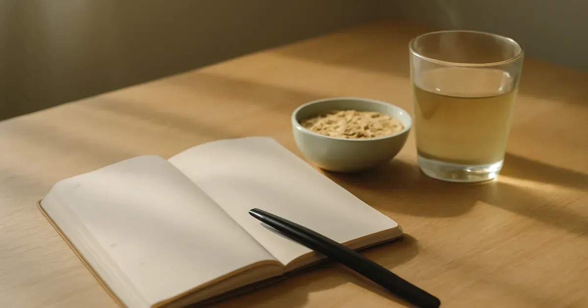 Weekly health planner open on desk with oats and green tea, representing consistent natural GLP-1 optimisation routine