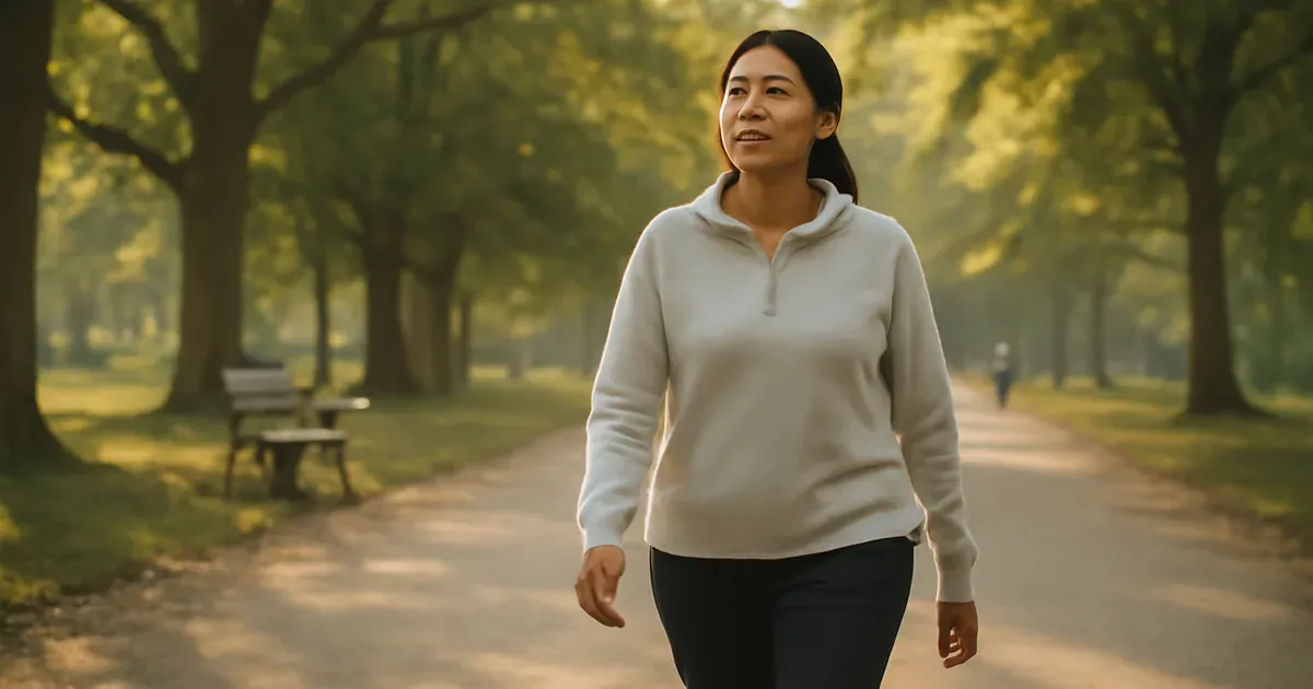 Woman over 40 walking outdoors to manage cortisol and support weight loss naturally