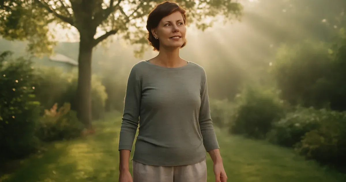 Woman over 40 practicing deep breathing outdoors to lower cortisol and activate the gut-brain axis