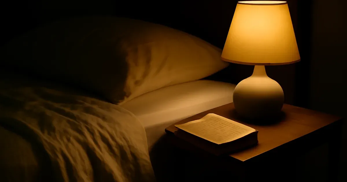 Peaceful sleep environment with white linen and dim lamp to support lower cortisol naturally through better sleep