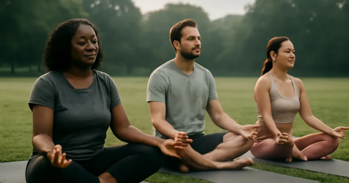 Adults practicing yoga outdoors to stimulate the vagus nerve and lower cortisol naturally