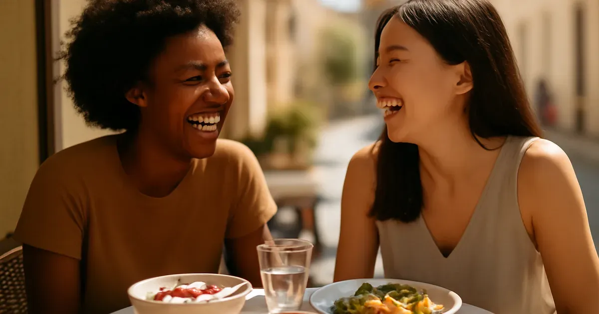 Two friends laughing and eating gut-friendly foods outdoors, supporting lower cortisol naturally through connection and diet