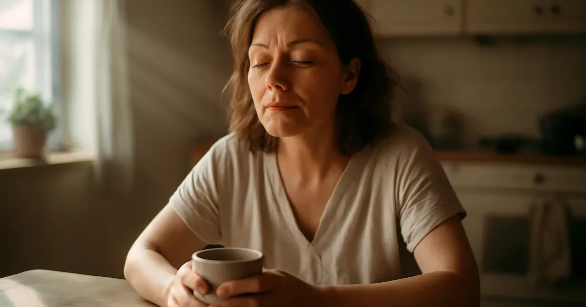 Perimenopausal woman resting calmly at kitchen table — lower cortisol in perimenopause