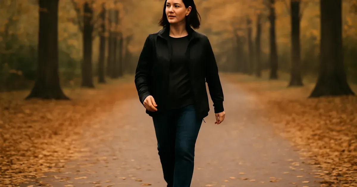 Woman in perimenopause walking outdoors to lower cortisol through low-intensity exercise