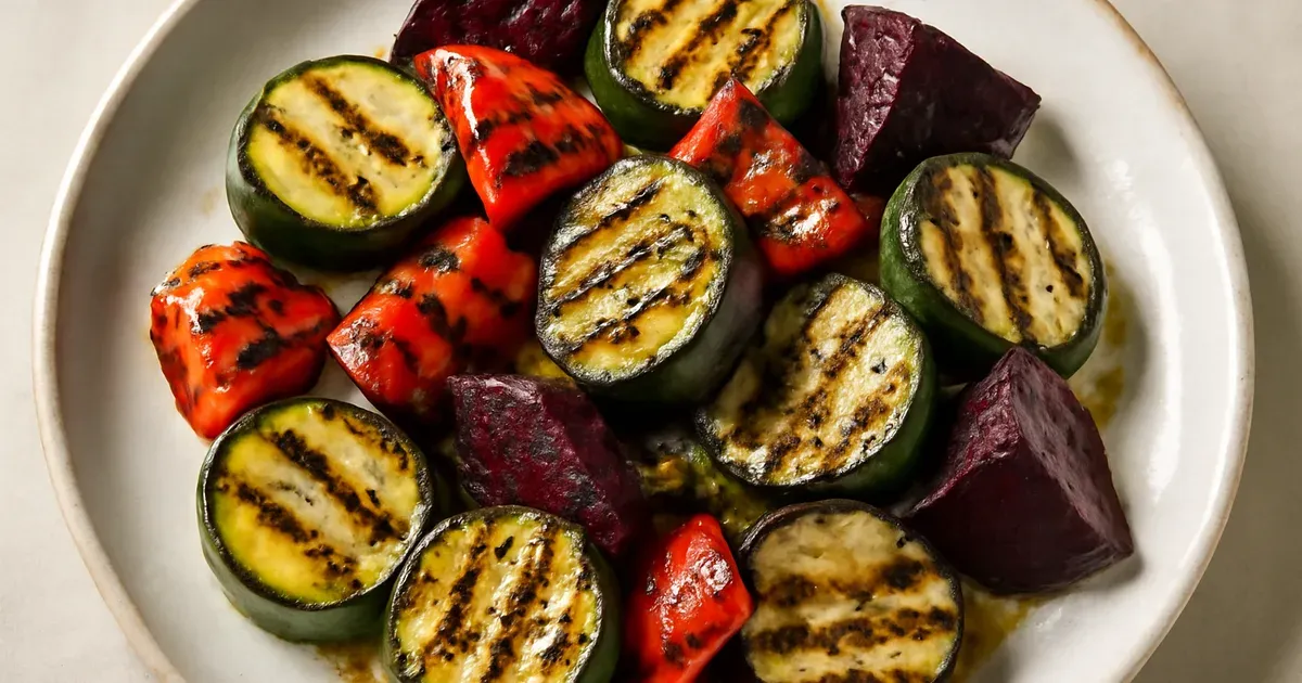 Chargrilled vegetable salad with beetroot and peppers on a white plate, rich in antioxidants to reduce inflammation