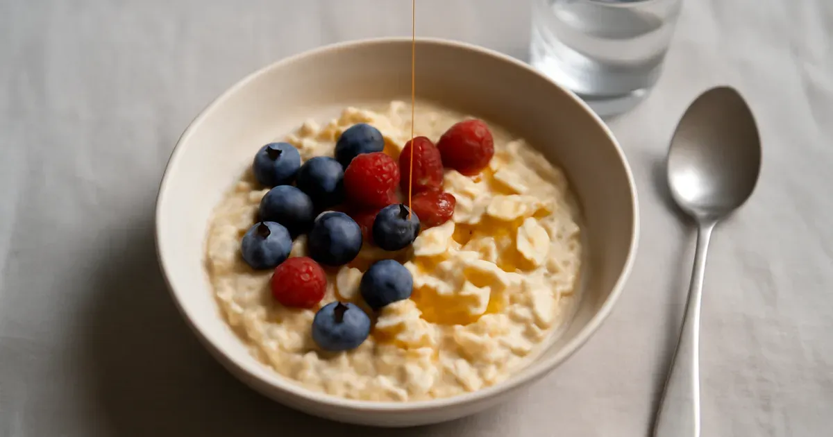 Bircher muesli bowl with oats, yogurt and berries — a high-fibre anti-inflammatory breakfast for gut health
