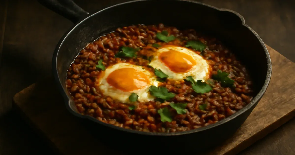 Spanish-style lentils with baked eggs in a cast-iron pan — a high-fibre anti-inflammatory meal low in saturated fat