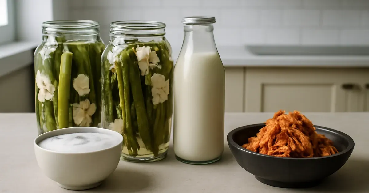 Fermented foods including pickles, yogurt, kefir and kimchi — daily sources of live cultures for gut microbiome health