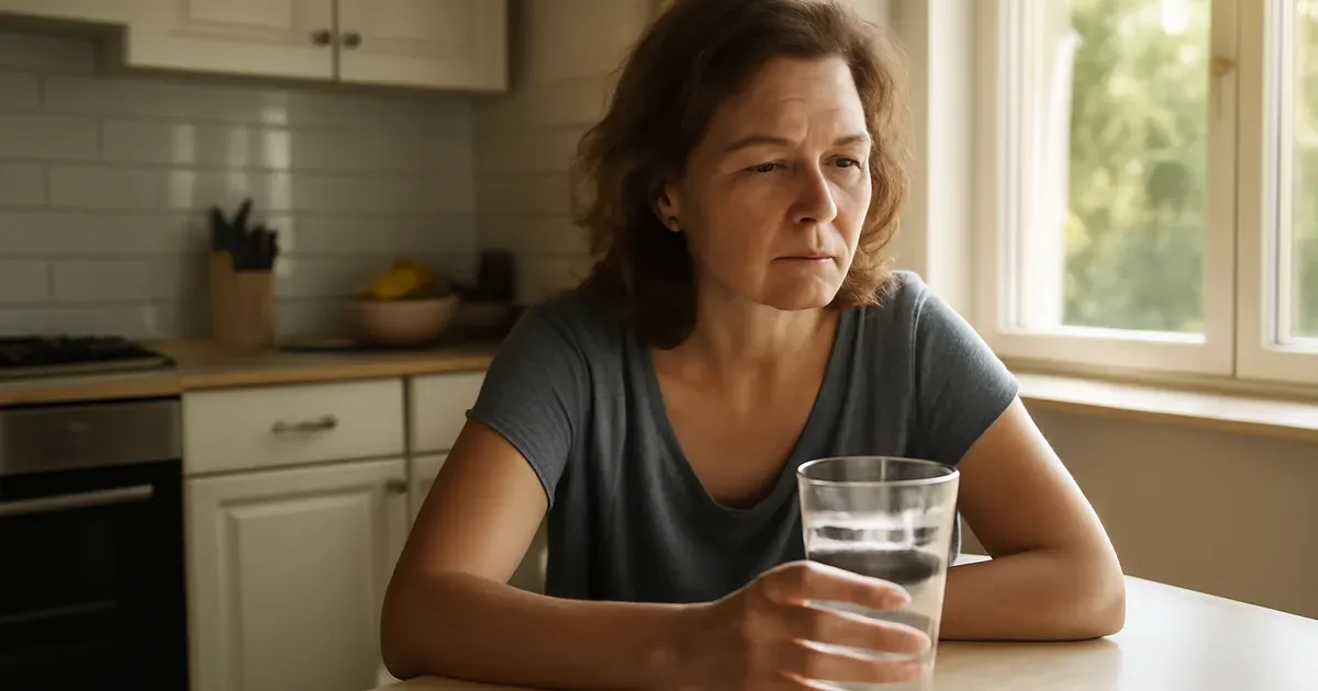 Woman over 40 managing stress and cortisol naturally at home in the morning