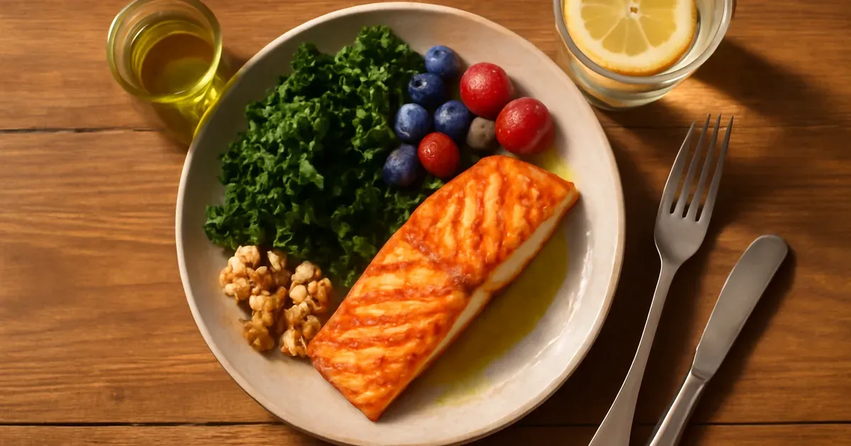 Cortisol-reducing gut-friendly meal with salmon, leafy greens, berries and healthy fats for adults over 40