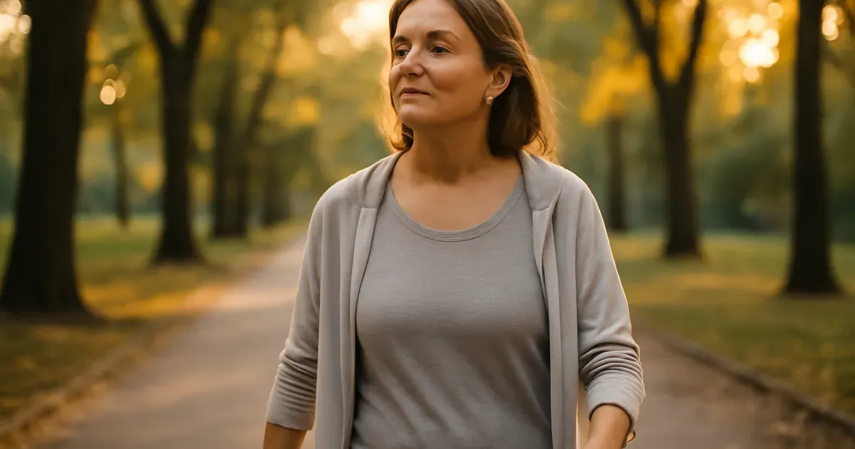 Woman over 40 walking outdoors to stimulate vagus nerve and reduce cortisol through gut-brain axis activation