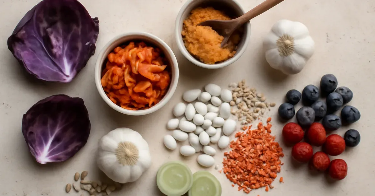 Diverse prebiotic and probiotic foods supporting oral-gut microbiome health arranged as a flat lay on a stone surface
