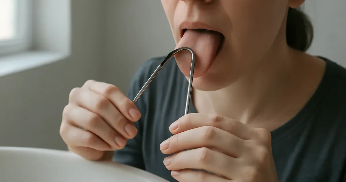 Person using a tongue scraper as part of an oral microbiome hygiene routine to support the oral-gut axis