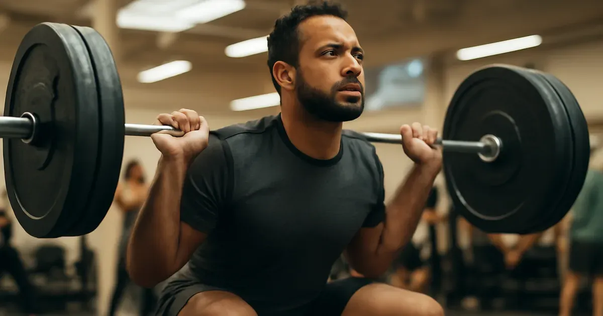 Person performing a barbell squat in a UK gym, illustrating strength training for different body types and gut health