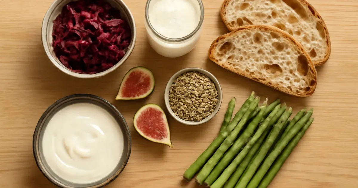 Colourful high-fibre and fermented foods that support a healthy gut microbiome and gut health