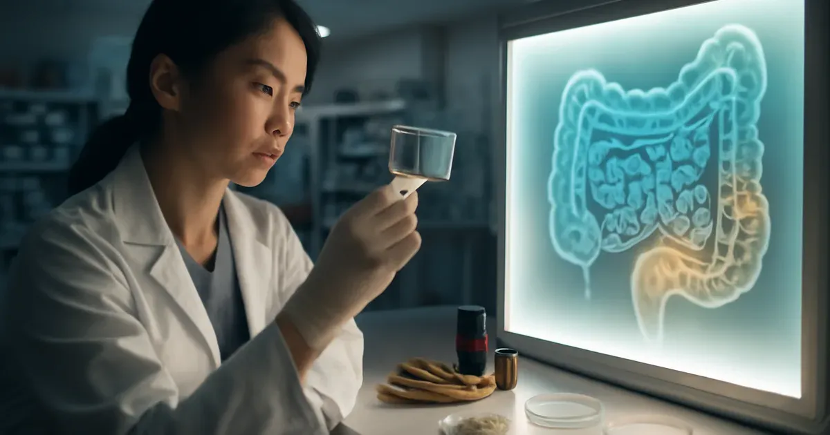 Researcher examining gut microbiome illustration alongside plant compounds linked to ulcerative colitis treatment