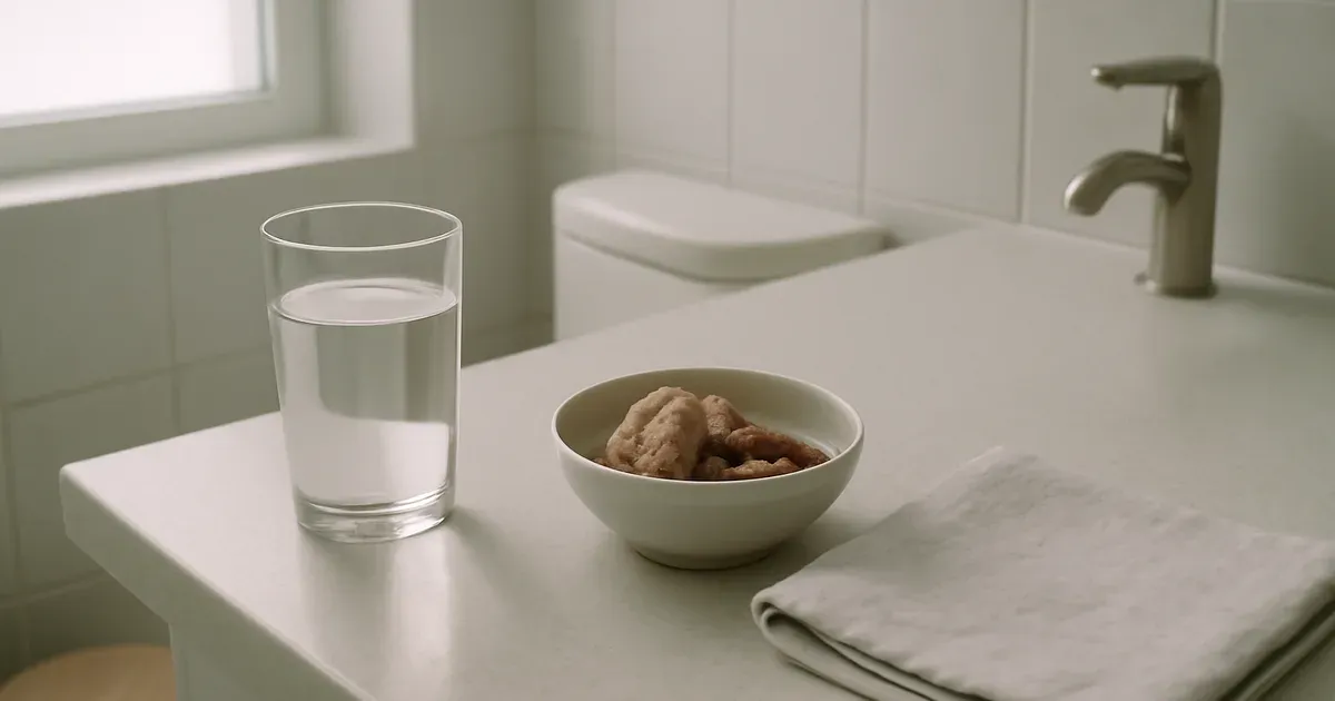 Bathroom countertop with items that help you poop healthier, including a footrest and fibre-rich snacks