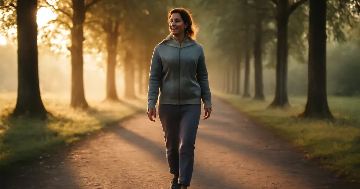 Woman over 40 walking outdoors to lower cortisol and support belly fat loss