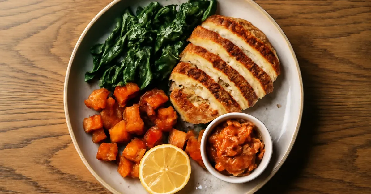 Balanced plate of protein, vegetables and fermented foods supporting gut health and losing weight after 40