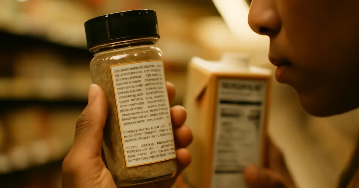 Person checking supermarket labels for onion and garlic on a low FODMAP grocery shopping trip