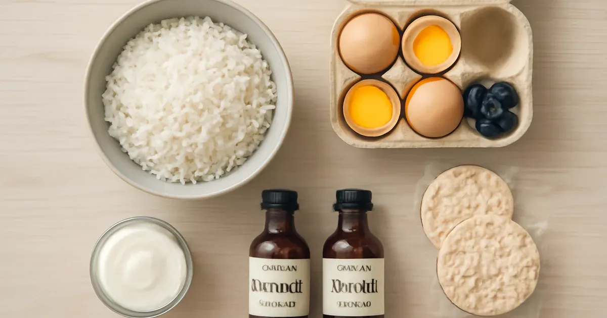 Low FODMAP meal prep flat lay with certified gut-friendly staples including rice, eggs and blueberries