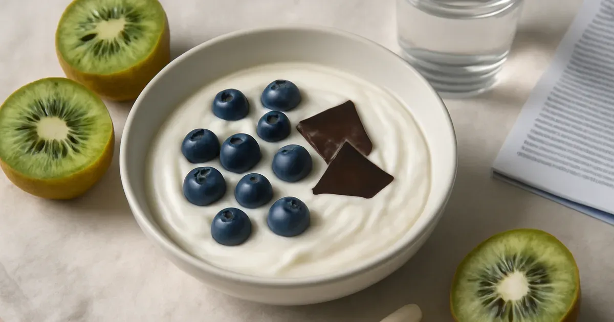 Gut microbiome concept image with low FODMAP foods like blueberries, yogurt and dark chocolate supporting gut health