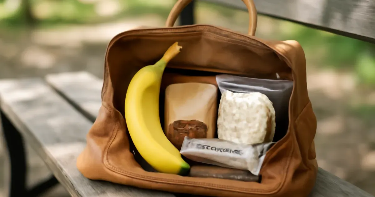 Open handbag with low FODMAP portable snacks including banana, nuts, rice crackers and a snack bar ready to go