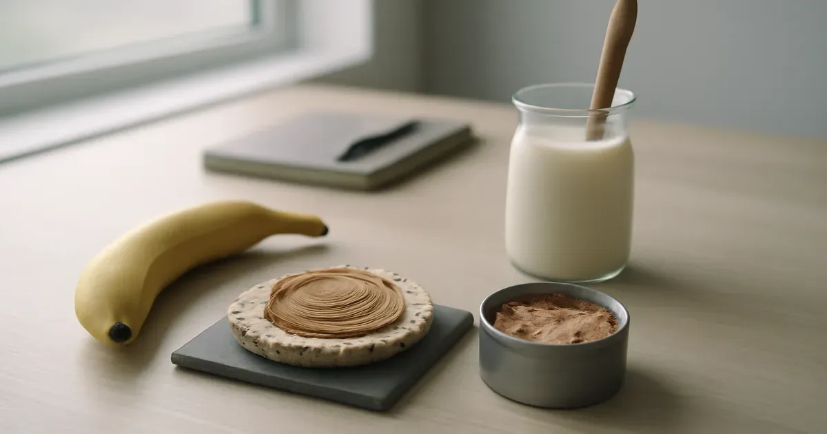 Office desk with low FODMAP work snacks including rice cakes, almond butter, banana and lactose-free yogurt