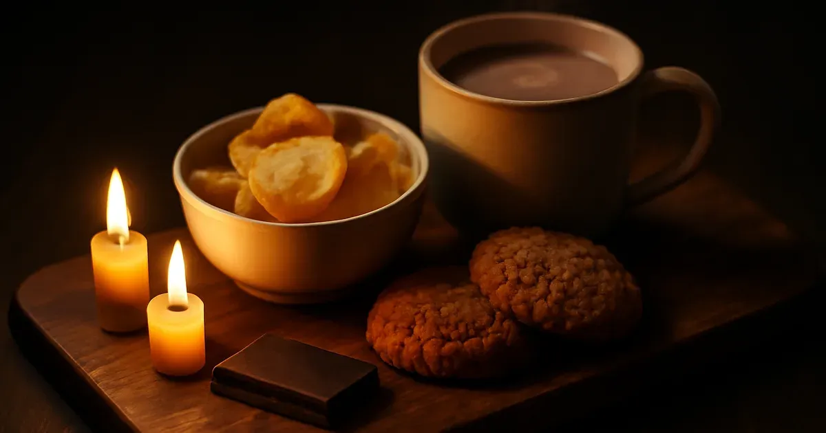 Low FODMAP comfort snacks including dark chocolate, plain potato crisps, homemade cookies and lactose-free cocoa