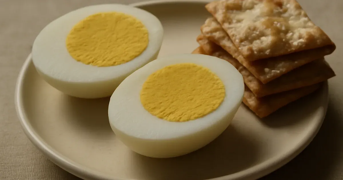 Hard-boiled eggs halved on a plate beside low FODMAP sourdough crackers, a simple gut-friendly snack