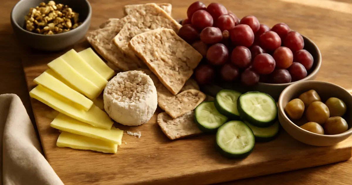 A low FODMAP grazing board with cheddar, goat cheese, sourdough crackers, grapes, and cucumber rounds
