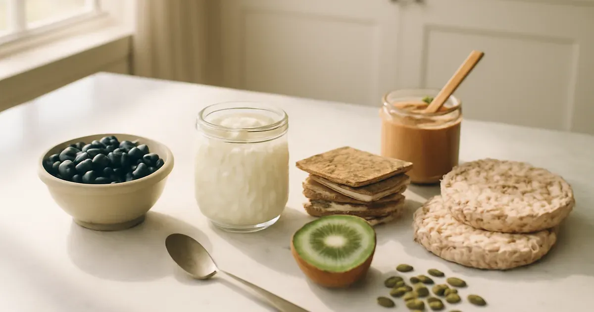 Assortment of low FODMAP snacks including cottage cheese, blueberries, kiwi, and rice cakes on a marble countertop