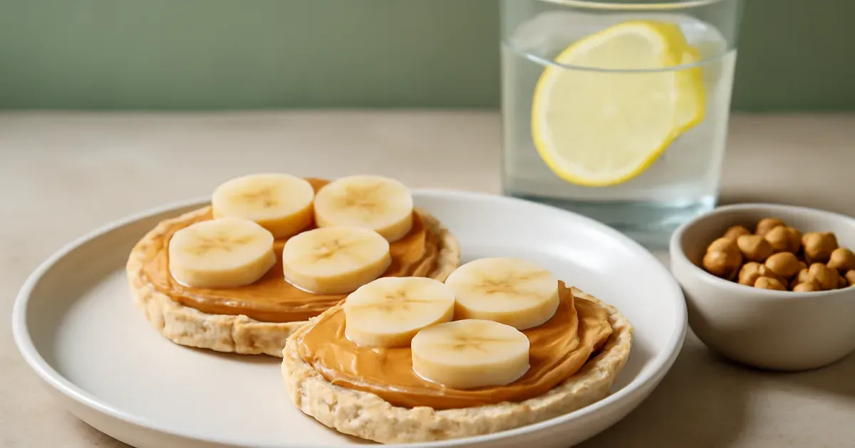 Rice cakes with peanut butter and sliced banana — a simple low FODMAP snack supporting gut health