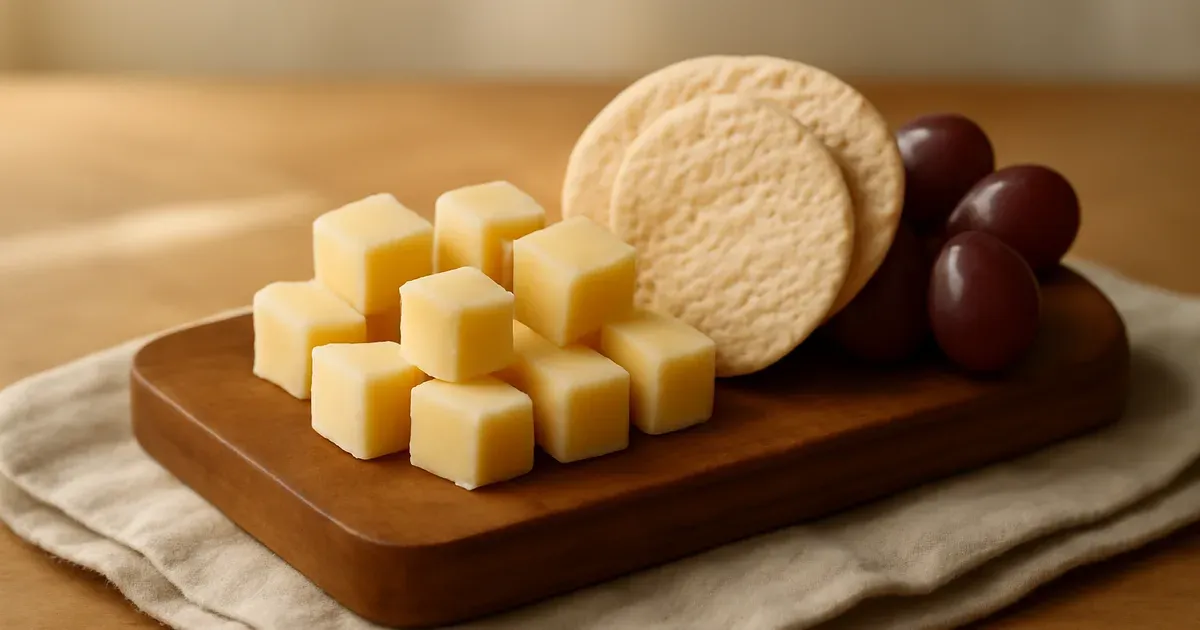 Cheese cubes and rice crackers on a wooden board — a classic low FODMAP snack combination