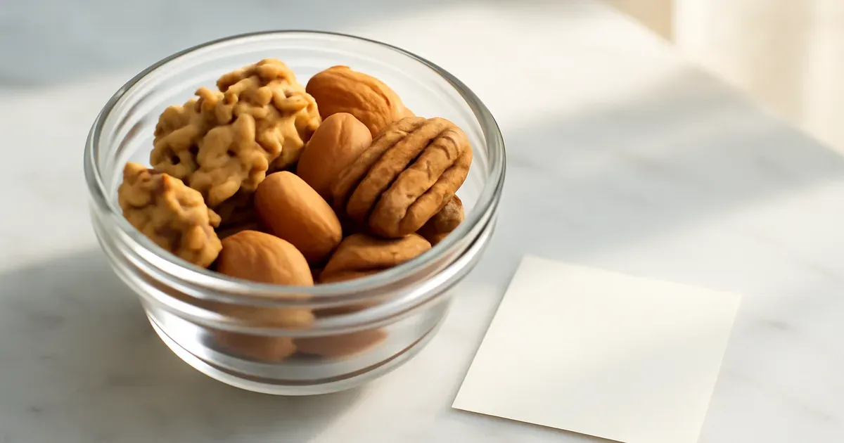 Small bowl of mixed walnuts almonds and pecans as low FODMAP gut-health snacks on marble surface