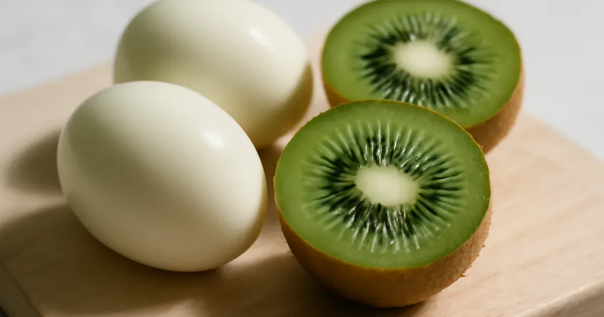 Hard-boiled eggs and sliced kiwi fruit on a wooden board — a low FODMAP snack for constipation relief