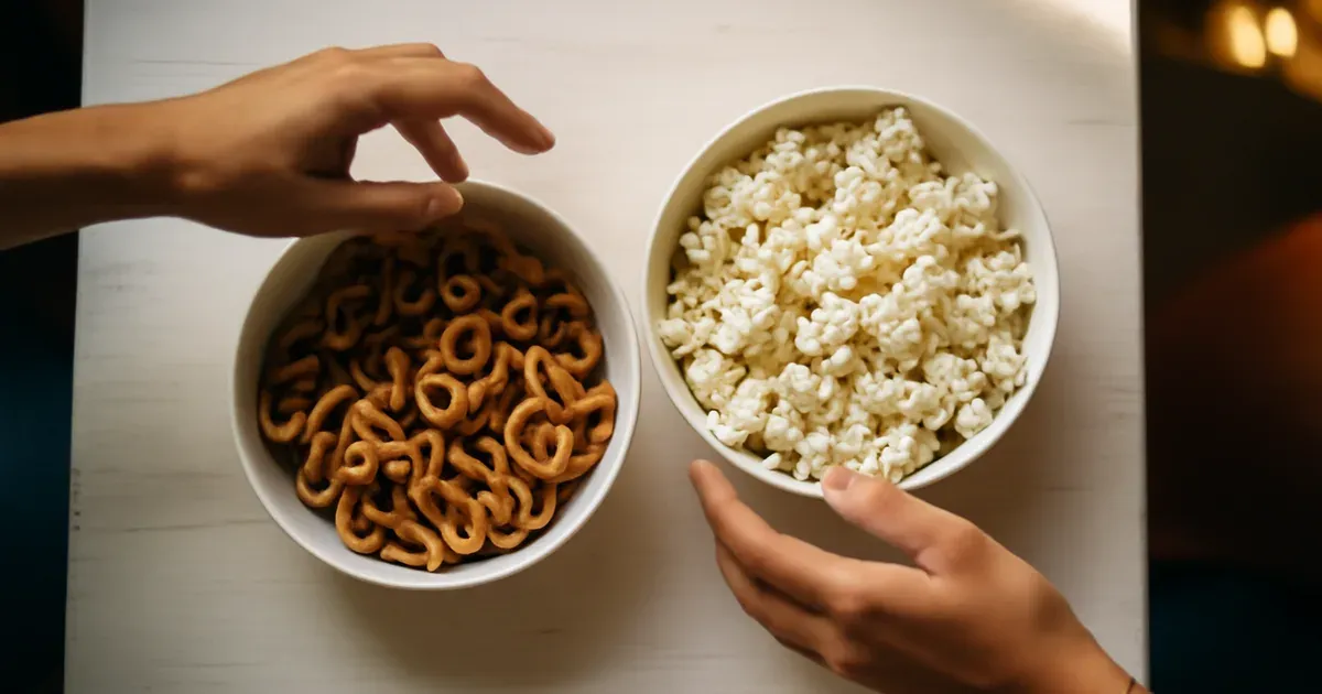 Hands reaching for gluten-free pretzels and popcorn at a social gathering — low FODMAP snack options