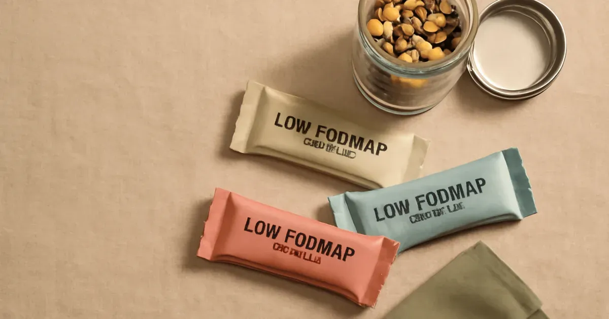 Low FODMAP snack bars and homemade trail mix in reusable containers for gut-friendly on-the-go snacking