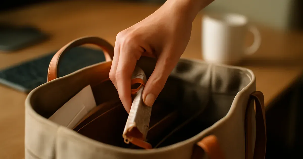 Woman retrieving a certified low FODMAP snack bar from a work bag at a desk