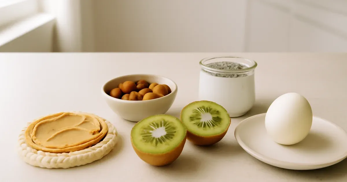 Assortment of healthy low FODMAP snacks on a kitchen bench including yoghurt, nuts, kiwi fruit and rice cakes