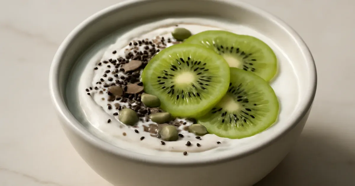 Lactose-free yoghurt topped with chia seeds and kiwi fruit — a fibre-rich low FODMAP snack for gut health