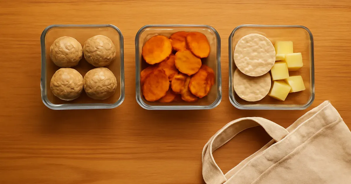 Meal-prepped low FODMAP snacks in glass containers including energy balls and sweet potato chips for gut health