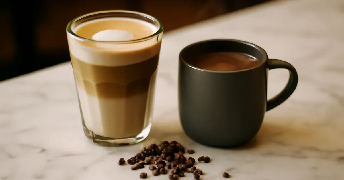 Low FODMAP drink options — soy milk latte and hot chocolate — shown on a marble surface to support gut health snacking